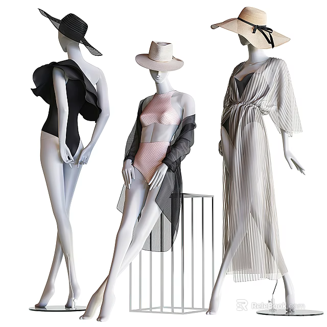 Fashion Models Wearing Swimsuits Coats And Long Dresses With Hats In Different Poses 3d model 