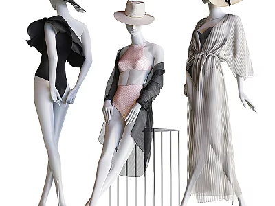 Fashion Models Wearing Swimsuits Coats And Long Dresses With Hats In Different Poses 3d model
