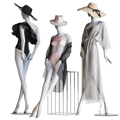 Fashion Models Wearing Swimsuits Coats And Long Dresses With Hats In Different Poses 3d model