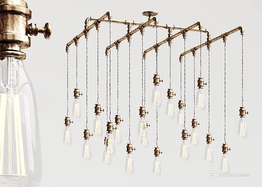 Multi Arm Industrial Brass Chandelier with Clear Hanging Bulbs for Ceiling Decor 3d model 