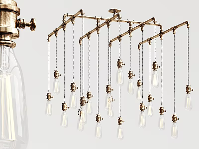 Multi Arm Industrial Brass Chandelier with Clear Hanging Bulbs for Ceiling Decor 3d model