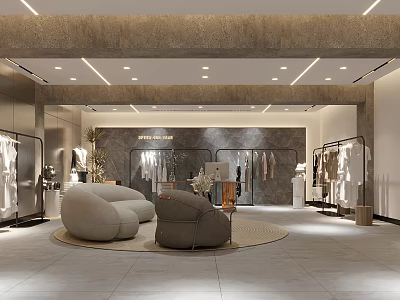 Modern Clothing Store Interior Design With Comfortable Sofa And Clothing Racks 3d model