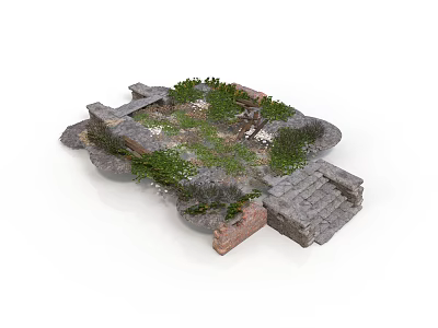 Ruined Scene 3D Model With Stones Bricks Overgrown Weeds And Stone Steps 3d model