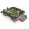 Ruined Scene 3D Model With Stones Bricks Overgrown Weeds And Stone Steps