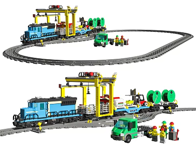 Electric Toy Train Set with Curved Tracks Blue Engine Yellow Crane Green Truck and Figures 3d model