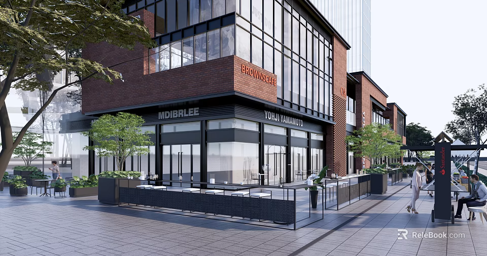 Modern Commercial Street With Red Brick Buildings Large Glass Windows Storefront Signs And Outdoor Seating 3d model 