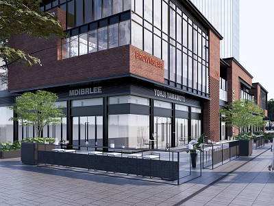 Modern Commercial Street With Red Brick Buildings Large Glass Windows Storefront Signs And Outdoor Seating 3d model