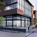 Modern Commercial Street With Red Brick Buildings Large Glass Windows Storefront Signs And Outdoor Seating
