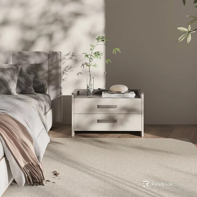 Modern White Bedside Table with Drawers Holding Green Plant Books and Decorative Object in Bedroom 3d model 