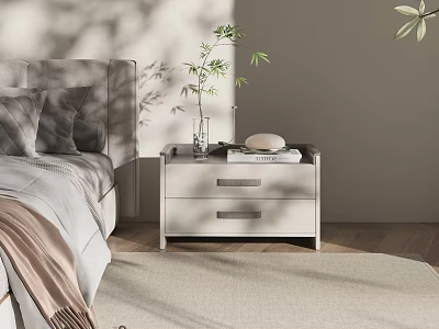 Modern White Bedside Table with Drawers Holding Green Plant Books and Decorative Object in Bedroom 3d model
