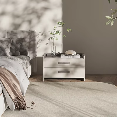 Modern White Bedside Table with Drawers Holding Green Plant Books and Decorative Object in Bedroom 3d model
