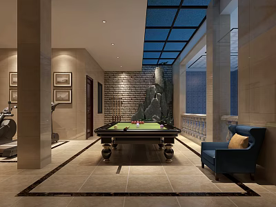 Modern Billiard Room Interior With Glass Skylight Brick Wall Lighting And Comfortable Seating 3d model