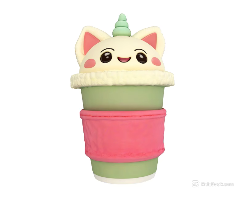 Cute Cat Ear Unicorn Horn Cup with Smiley Face Green Pink Cozy Sleeve 3d model 