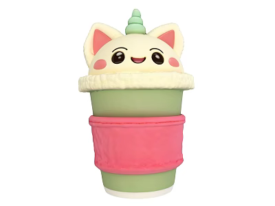 Cute Cat Ear Unicorn Horn Cup with Smiley Face Green Pink Cozy Sleeve 3d model