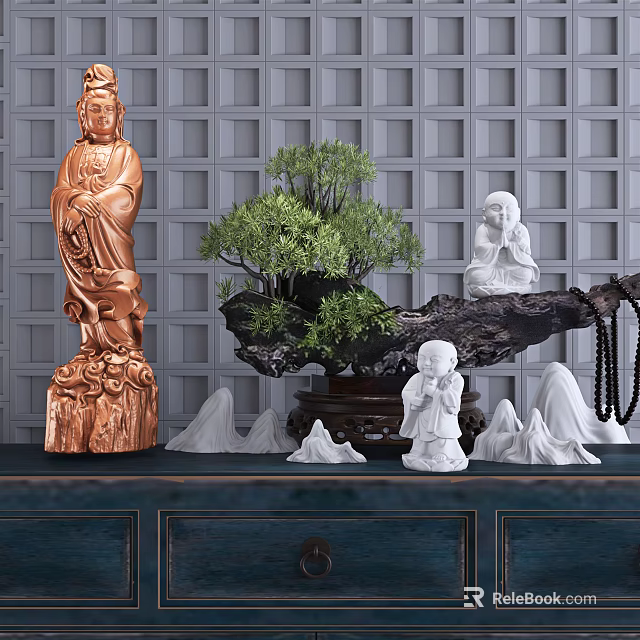 Traditional Chinese Sculptures Including Bodhisattva Monk Statues With Potted Plant Rockery And Grid Wall 3d model 