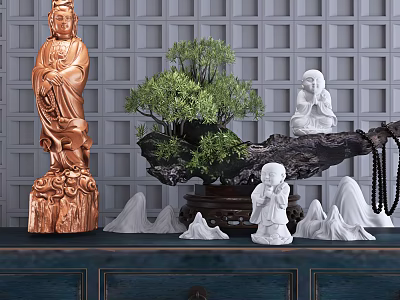 Traditional Chinese Sculptures Including Bodhisattva Monk Statues With Potted Plant Rockery And Grid Wall 3d model