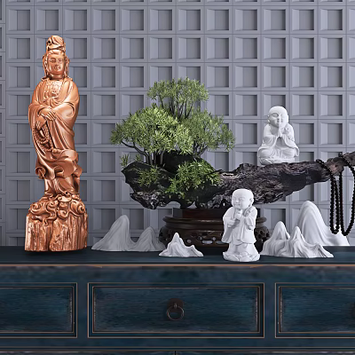 Traditional Chinese Sculptures Including Bodhisattva Monk Statues With Potted Plant Rockery And Grid Wall 3d model
