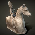 Sculpture Carving of Figure Riding Horse with Detailed Features and Stone Texture