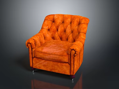 Elegant Orange Armchair With Velvet Upholstery Button Tufted Design And Wooden Legs 3d model