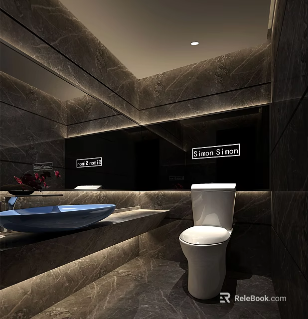 Modern Hotel Bathroom Interior With Marble Walls Large Mirror Blue Basin And White Toilet 3d model 