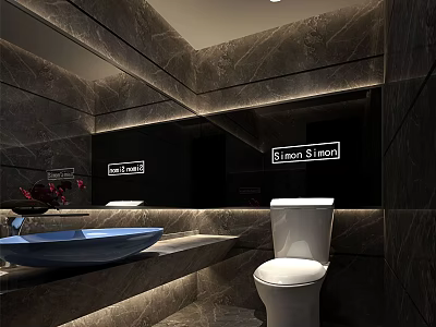 Modern Hotel Bathroom Interior With Marble Walls Large Mirror Blue Basin And White Toilet 3d model