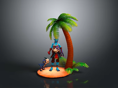 Game Movie Character With Blue Head And Red Outfit By Palm Tree With Small Monkey 3d model