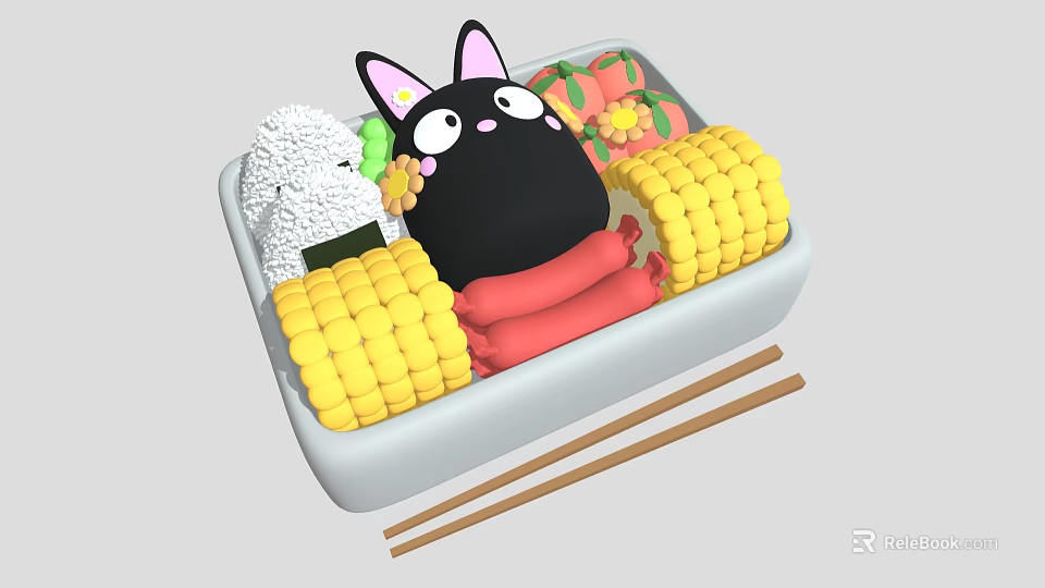 Black Cartoon Cat With Rice Corn Sausages Flower Decorations In Lunch Box And Chopsticks 3d model 