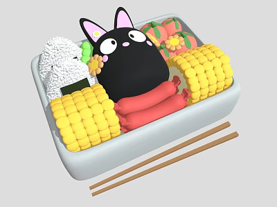 Black Cartoon Cat With Rice Corn Sausages Flower Decorations In Lunch Box And Chopsticks 3d model