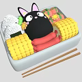 Black Cartoon Cat With Rice Corn Sausages Flower Decorations In Lunch Box And Chopsticks