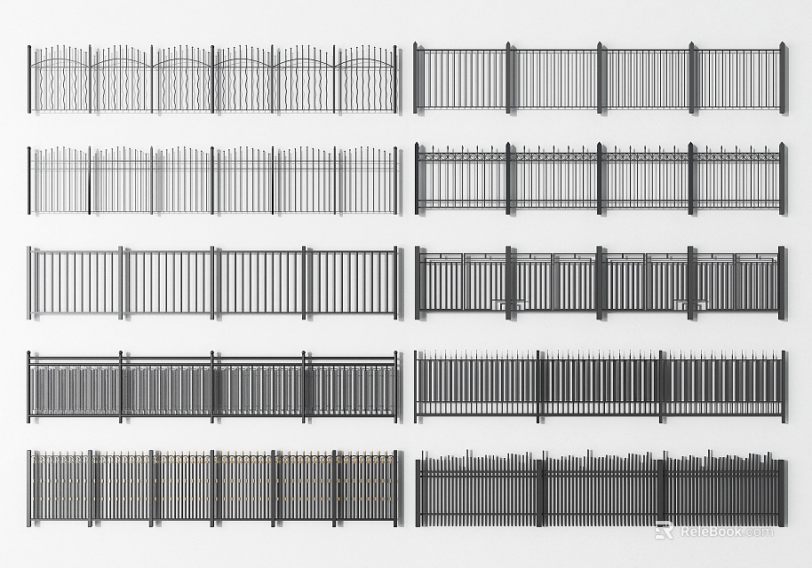 Various Fence Styles And Designs Including Metal Iron And Wooden Panels For Gardens 3d model 