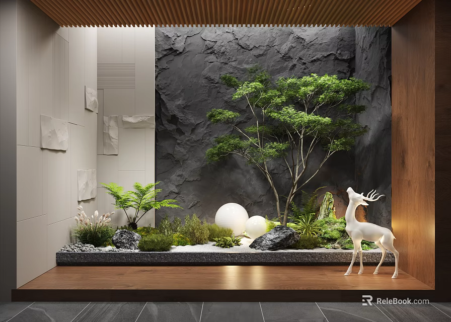 Courtyard Garden Design With Gray Stone Wall Small Green Tree White Deer Statue And Round Lights 3d model 