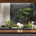 Courtyard Garden Design With Gray Stone Wall Small Green Tree White Deer Statue And Round Lights