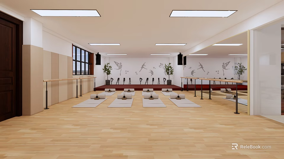 Bright Fitness Studio With Wooden Floor Yoga Mats Ballet Barres Wall Art And Plants 3d model 