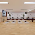 Bright Fitness Studio With Wooden Floor Yoga Mats Ballet Barres Wall Art And Plants