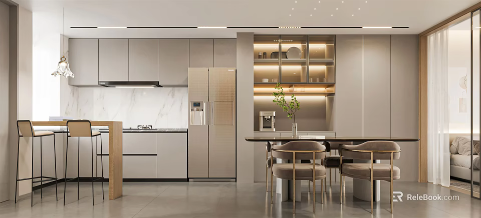 Modern Kitchen Interior With Light Cabinets Refrigerator And Dining Table Chairs 3d model