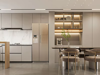 Modern Kitchen Interior With Light Cabinets Refrigerator And Dining Table Chairs 3d model