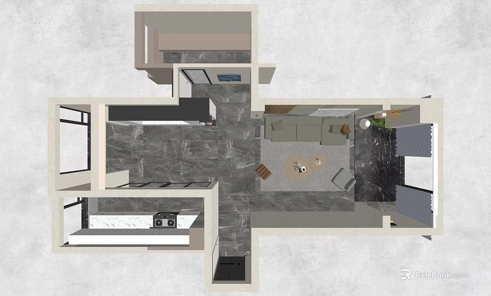 Residential Floor Plan Layout With Living Space Kitchen And Interior Design 3d model