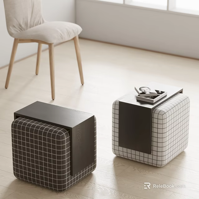 Modern Square Ottomans with Black and White Grid Patterns for Living Room Decor 3d model 