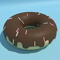 Delicious Chocolate Glazed Donut with Pink and White Sprinkles on Blue Background