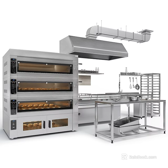Commercial Kitchen Equipment With Multi Layer Oven Stainless Steel Workbench And Range Hood 3d model 