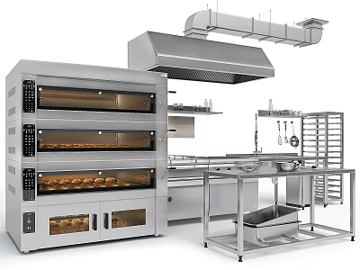 Commercial Kitchen Equipment With Multi Layer Oven Stainless Steel Workbench And Range Hood 3d model