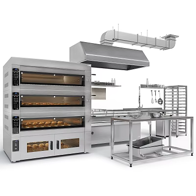 Commercial Kitchen Equipment With Multi Layer Oven Stainless Steel Workbench And Range Hood 3d model