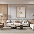 Modern Minimalist Living Room Interior With White Sofa Brown Armchair And Gold Circle Wall Art