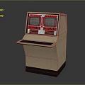 Vintage Control Console With Dual Display Screens Flat Countertop And Wooden Structure