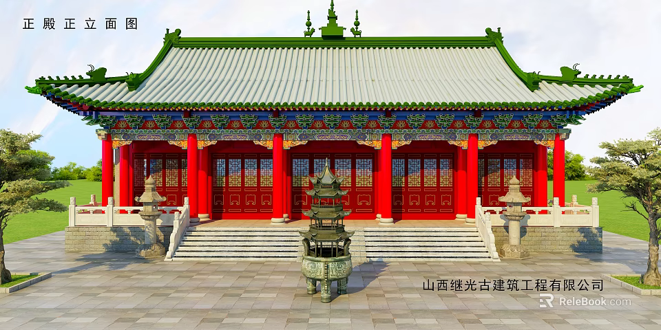 Traditional Chinese Ancient Architecture With Red Pillars Green Roof Carved Eaves And Stone Incense Burner 3d model 