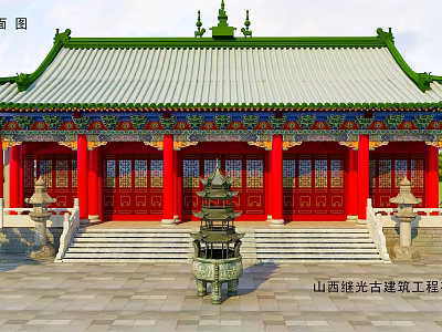 Traditional Chinese Ancient Architecture With Red Pillars Green Roof Carved Eaves And Stone Incense Burner 3d model