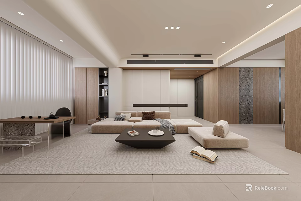 Modern Living And Dining Room Interior Design With Sofa Coffee Table And Dining Chairs 3d model 