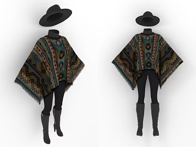 Stylish Geometric Pattern Poncho With Black Hat Pants And Boots Front Back Views 3d model