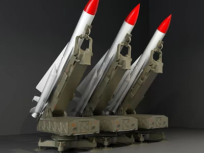 Three Military Missiles with Red Warheads Mounted on Green Launchers in Gray Background 3d model