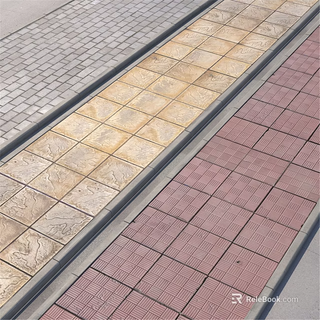 Pavement Ground Surface Featuring Beige Patterned Red Grid And Gray Brick Tiles 3d model 